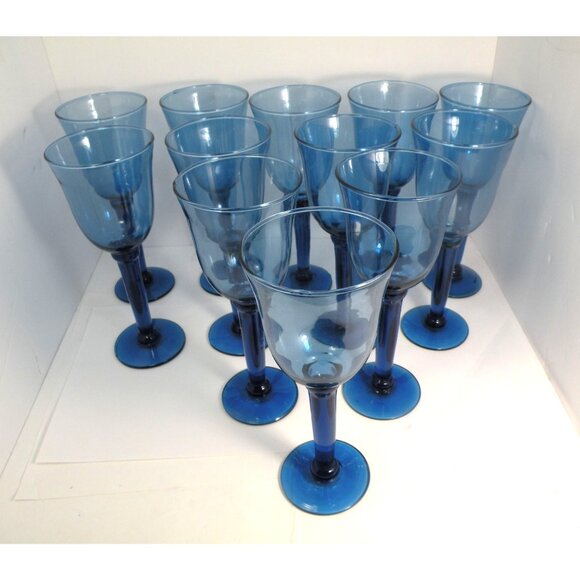 Vintage Cobalt Blue Blown Glass Goblets Stemware Wine Water Glasses Elegant Des - Picture 1 of 14